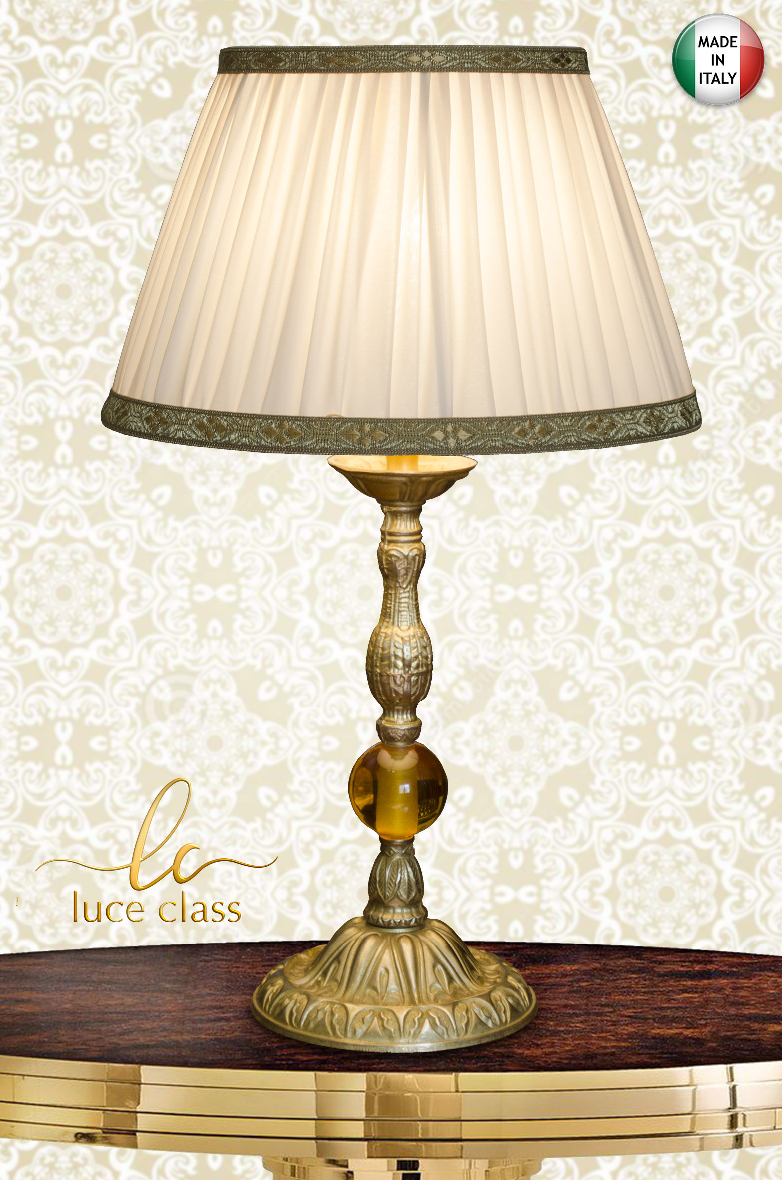 lampada da tavolo comodino classica in cristallo e ottone con paralume plissé 