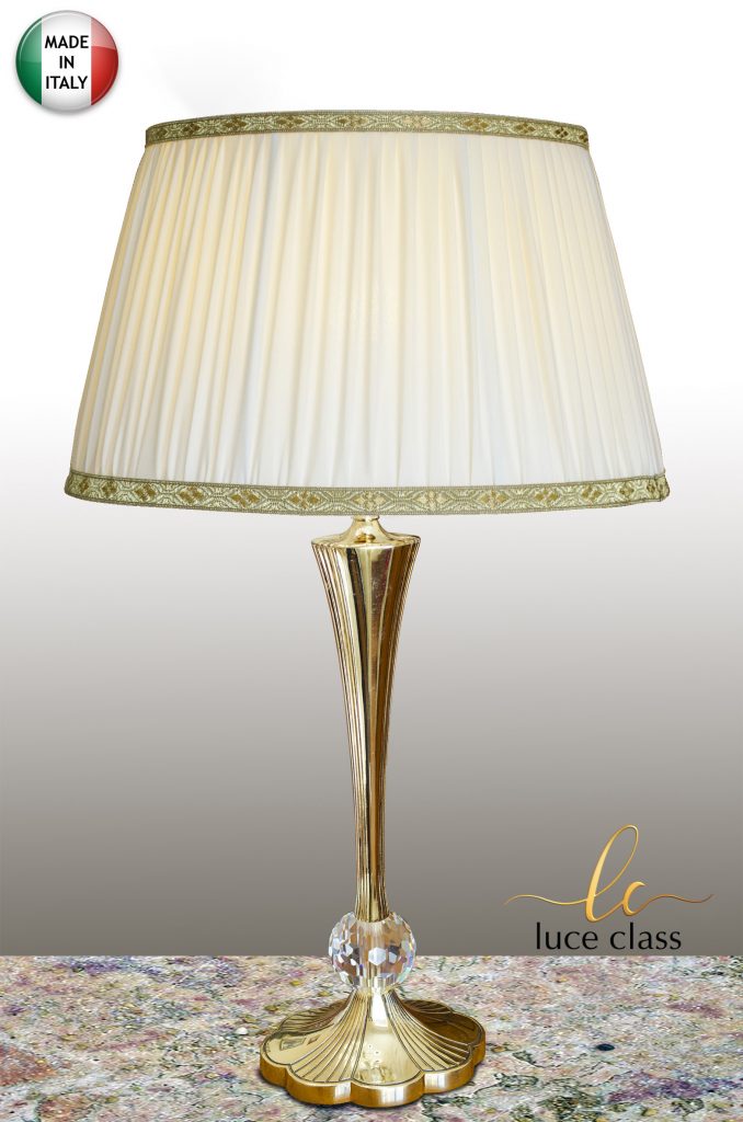 lampada da tavolo classica in ottone satinato lume con paralume seta plissé 