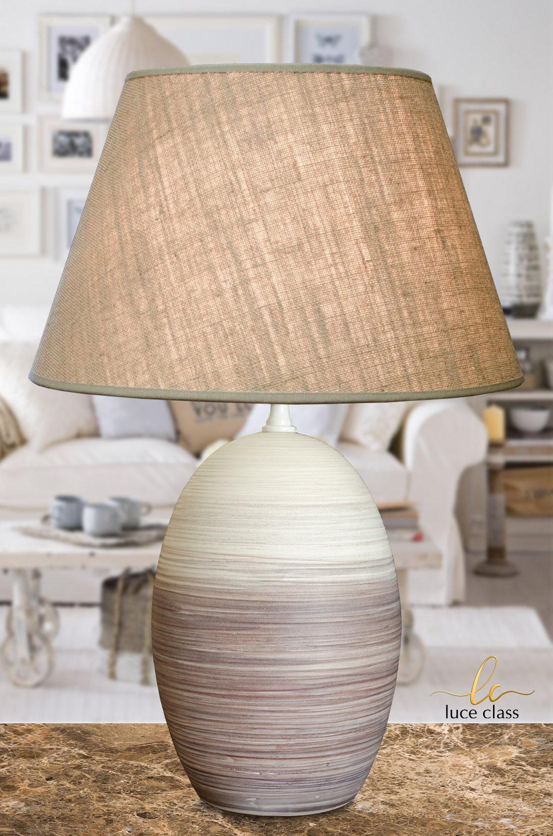 lampada moderna in ceramica artistica toscana bianca con paralume juta