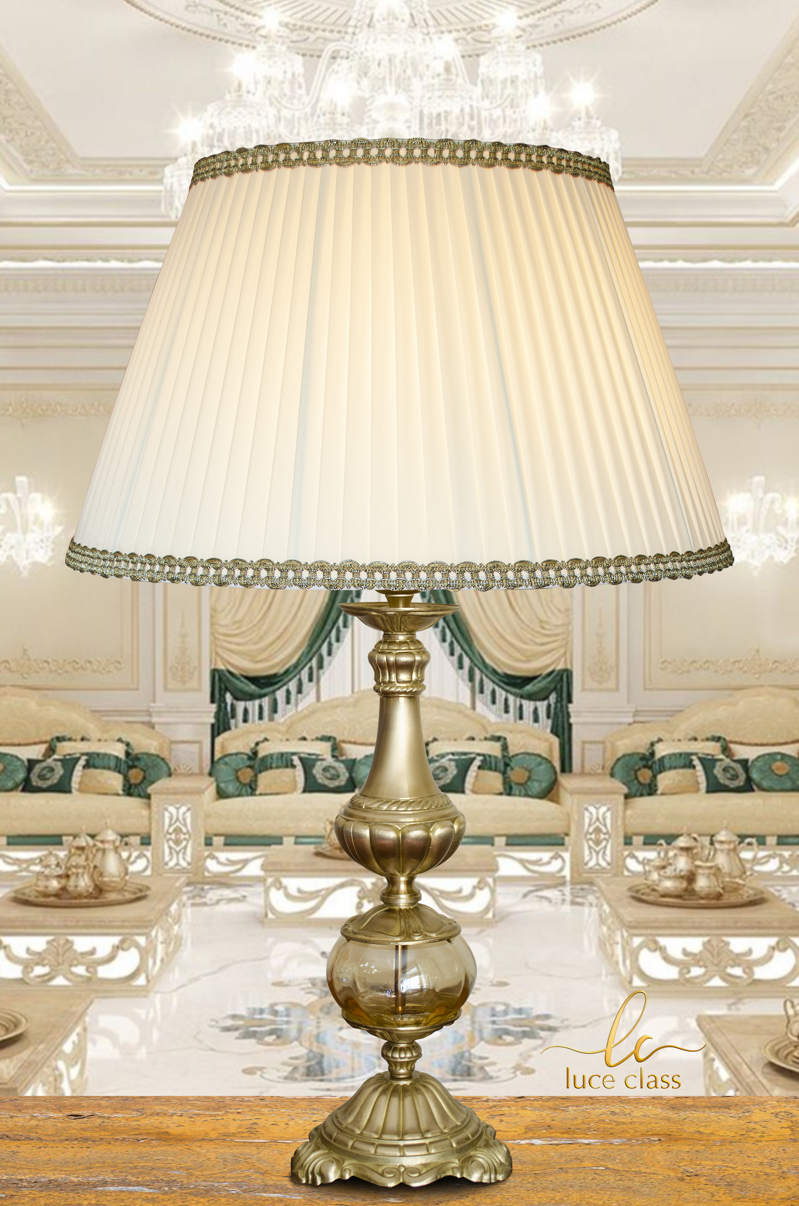 lampada da tavolo salotto in Cristallo e ottone lume paralume seta plissé lume
