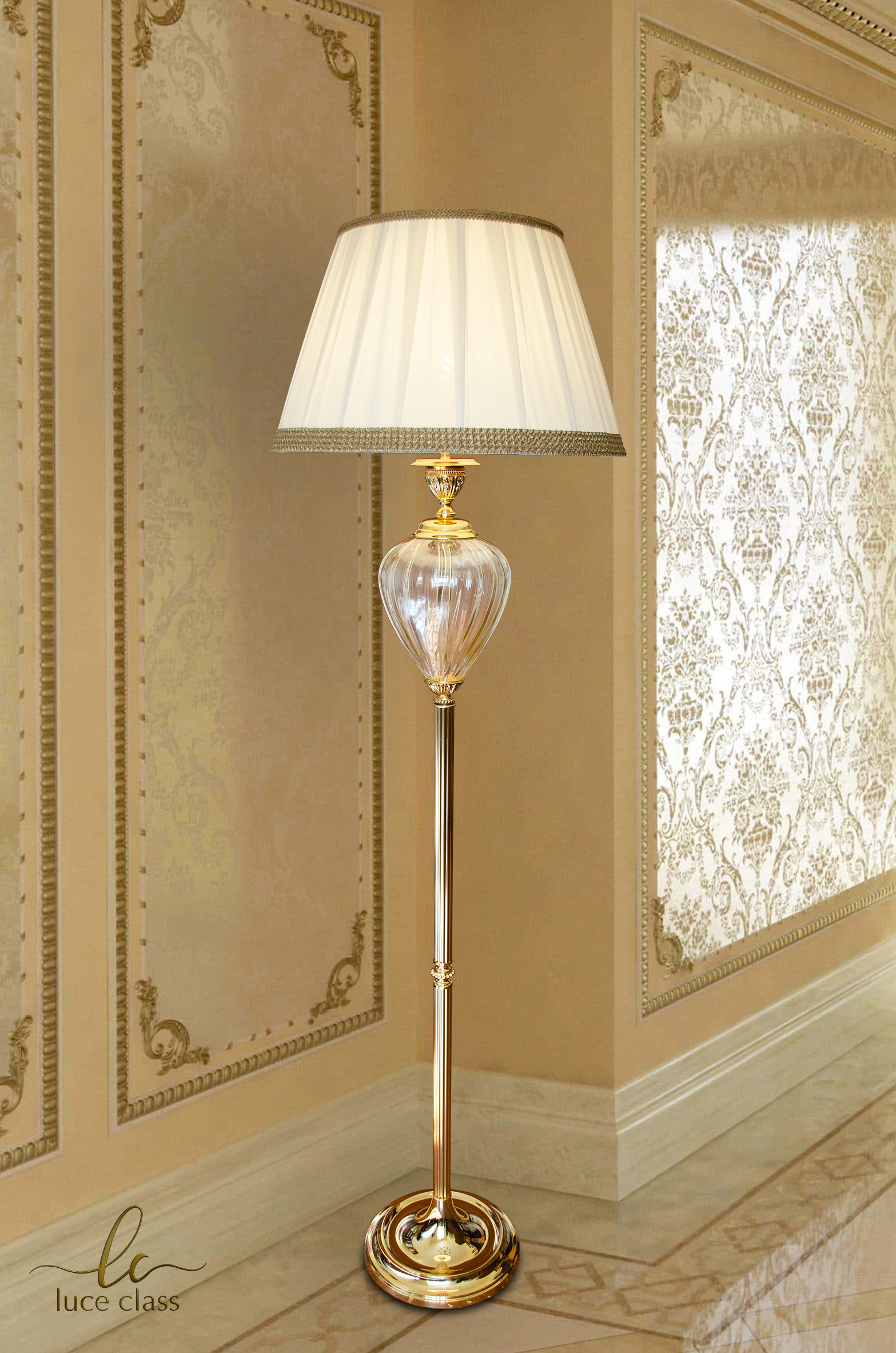 Piantana lampada da terra classica vetro di Murano e ottone con paralume  pieghe