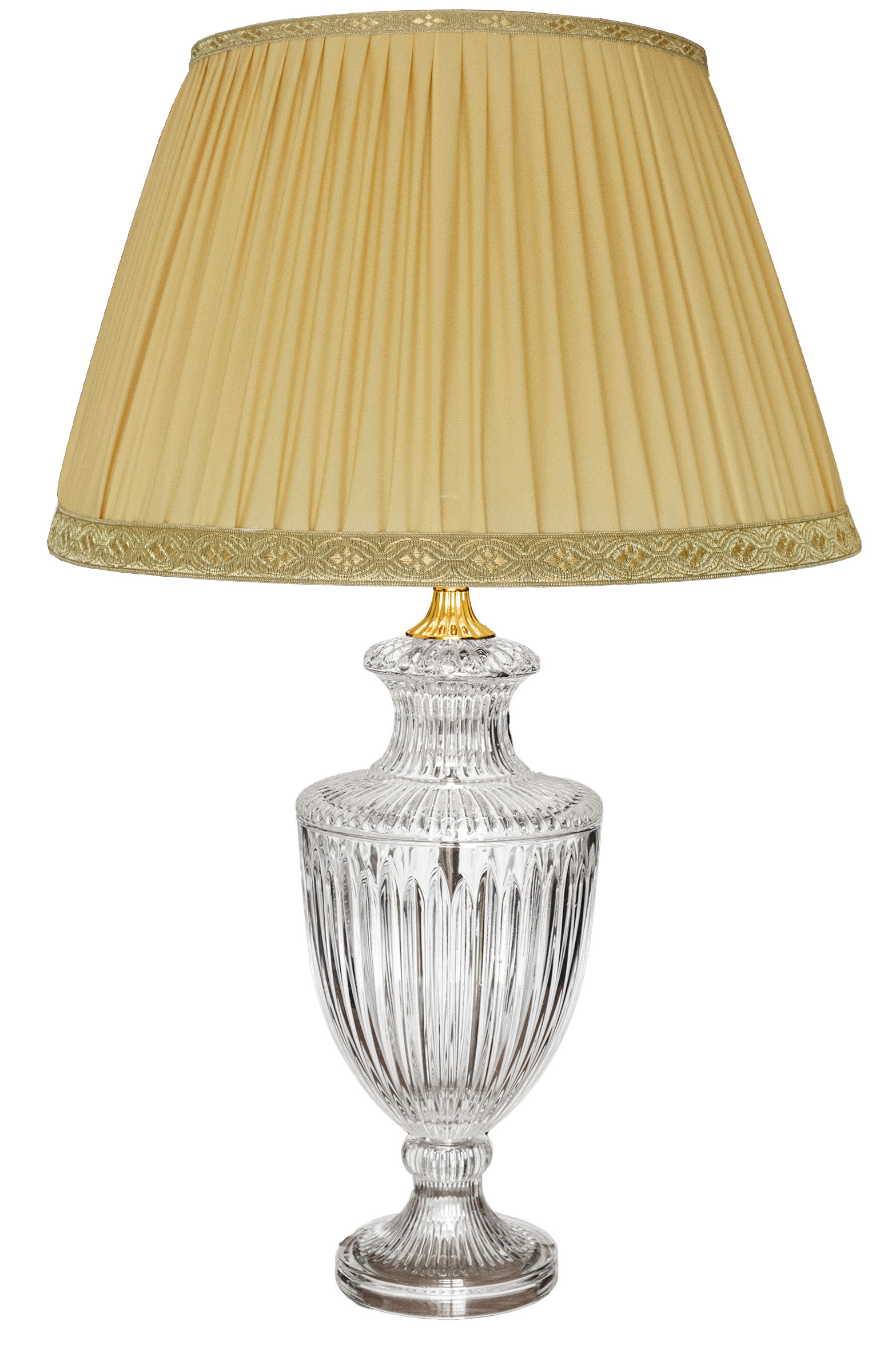 Lampada da tavolo grande classica in cristallo con paralume in seta  plissettato giallo ocra