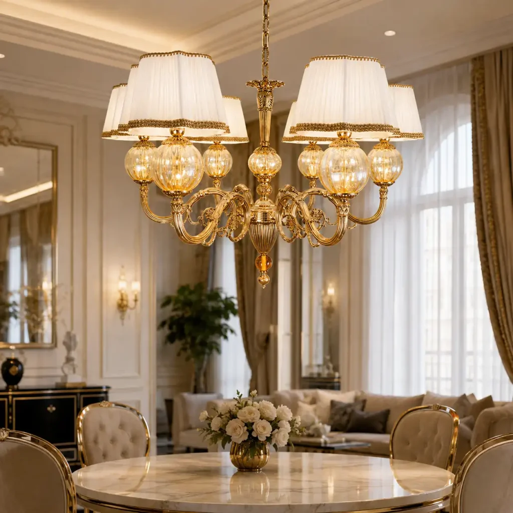 lampadario in ottone dorato oppure satinato a scelta e vetri di Murano color ambra a 6 luci