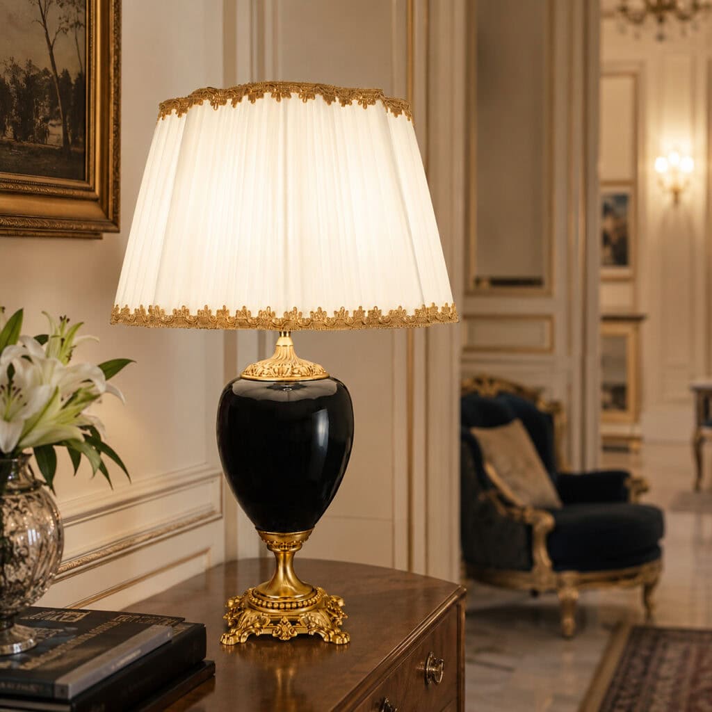 Lampada da salotto in ceramica nera e ottone