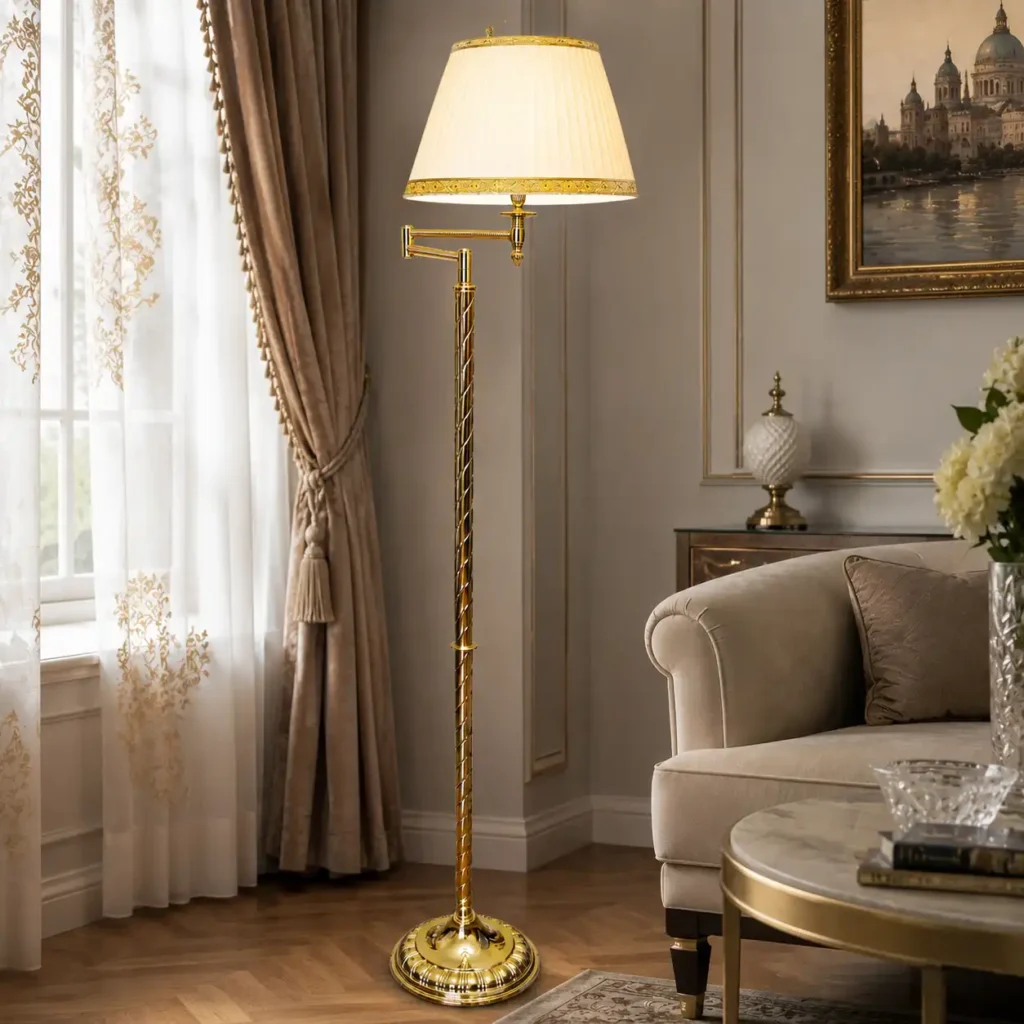 Piantana snodo lampada da terra classica braccio a snodo ottone con paralume plissè