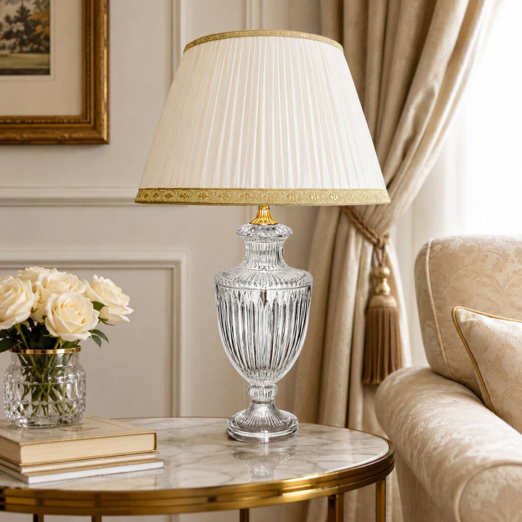 Lampada da tavolo grande classica in cristallo con paralume in seta plissettato