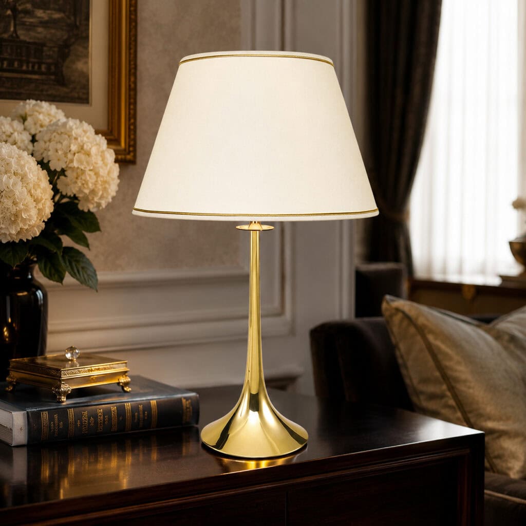 Lampada in ottone semplice e lineare con paralume in cotone