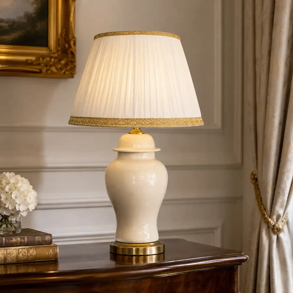 Lampada da tavolo in ceramica e ottone antico con paralume plissettato color avorio
