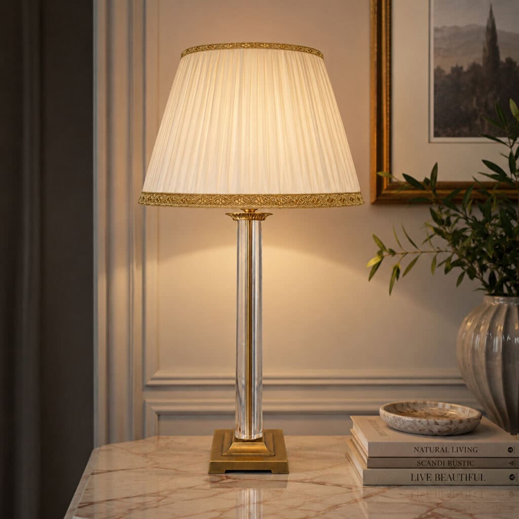 Lampada da Tavolo di Lusso con Colonna in cristallo, ottone antico e Paralume Plissettato – H. 80 cm