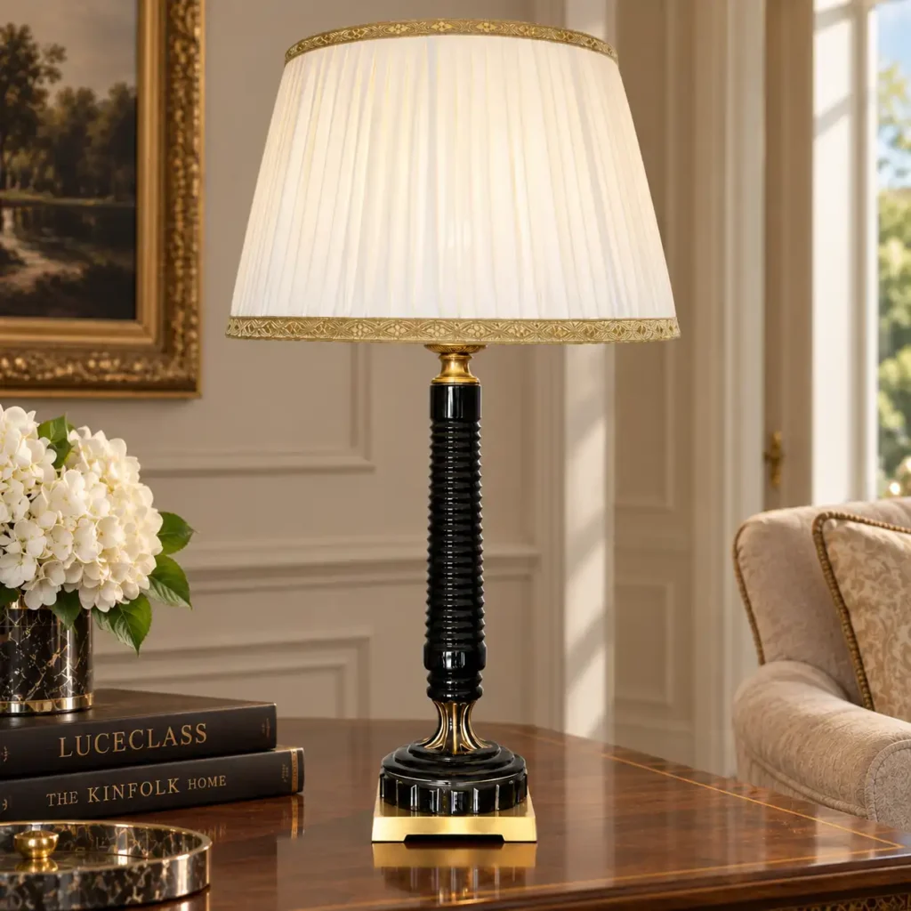 Lampada da Tavolo in Cristallo Nero e Ottone con Paralume in Seta Plissettata – H 74 cm