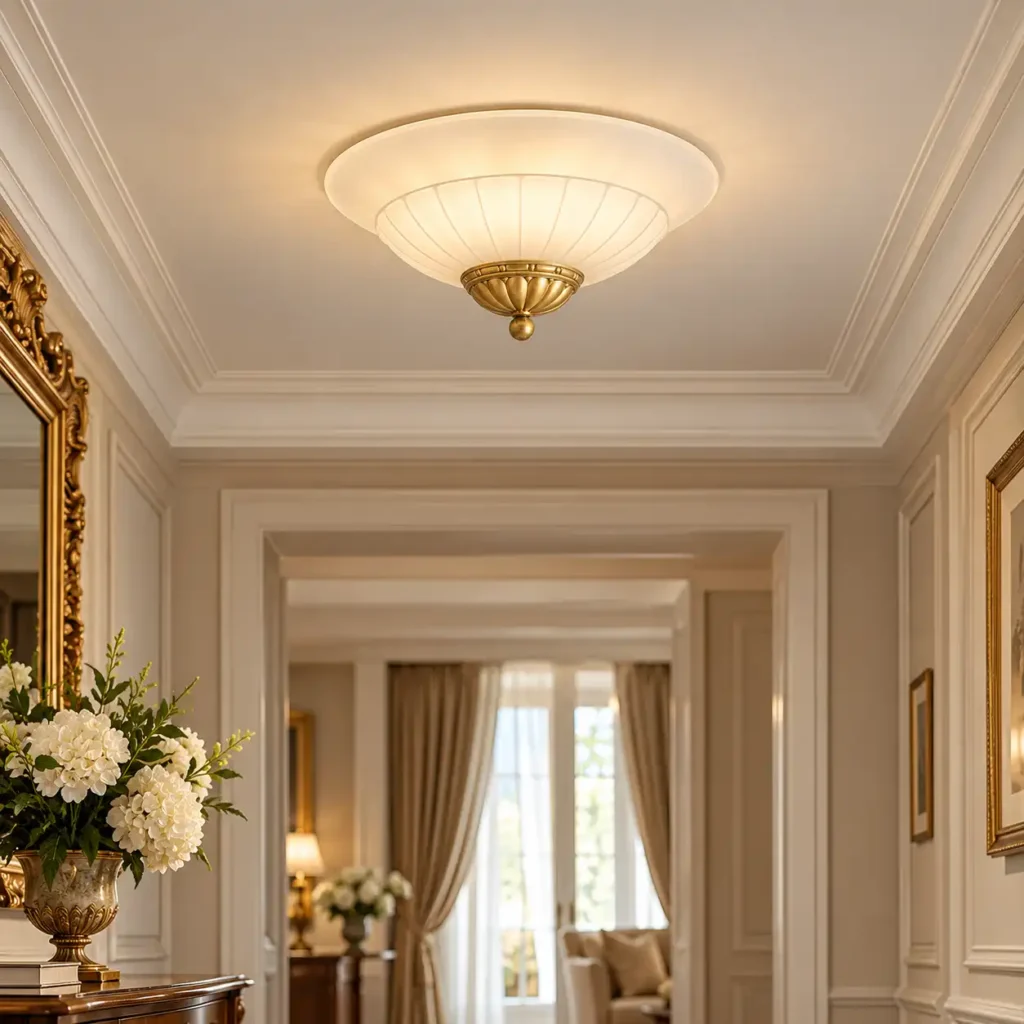Plafoniera in Cristallo Sabbiato Bianco e Ottone – 2 Luci, Ø 55 cm, Stile Classico Elegante